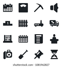 Set of vector isolated black icon - reception vector, abacus, document, calendar, shovel, fence, scales, camera, drawing pin, moving, router, sound, pedestal, hard work, sand clock