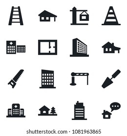 Set of vector isolated black icon - barrier vector, border cone, office building, trowel, ladder, saw, hospital, house with garage, tree, plan, city, crane, home message