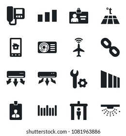 Set of vector isolated black icon - plane radar vector, security gate, identity card, sorting, barcode, chain, root setup, air conditioner, intercome, home control app, warm floor, sprinkler