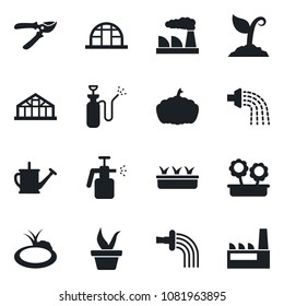 Set of vector isolated black icon - factory vector, seedling, watering can, sproute, pruner, pumpkin, greenhouse, pond, garden sprayer, flower in pot