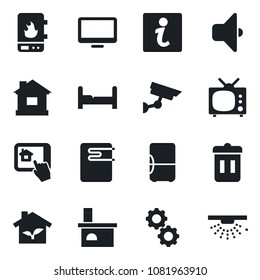 Set of vector isolated black icon - house vector, fireplace, monitor, bedroom, tv, eco, water heater, home control app, gear, sound, trash bin, fridge, information, surveillance, sprinkler