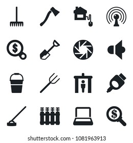 Set of vector isolated black icon - security gate vector, shovel, farm fork, rake, bucket, hoe, axe, antenna, speaker, hdmi, mobile camera, notebook pc, home control, radiator, money search