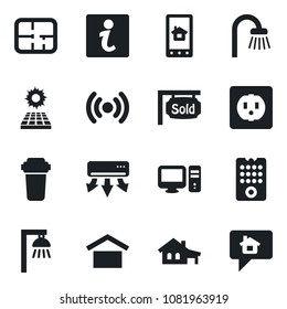 Set of vector isolated black icon - warehouse storage vector, house with garage, sun panel, plan, sold signboard, bathroom, socket, remote control, wireless, air conditioner, pc, home app, message