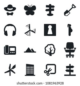 Set of vector isolated black icon - female vector, shovel, tree, butterfly, pregnancy, signpost, headphones, cut, windmill, mountains, city house, dress code, intercome, office chair, guidepost