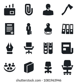 Set of vector isolated black icon - office chair vector, axe, company, paper clip, news, ink pen, blank box, support, binder, contract, stamp, manager, book, mail