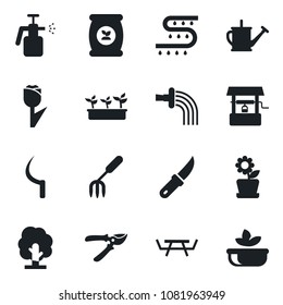 Set of vector isolated black icon - garden fork vector, tree, watering can, pruner, seedling, well, sickle, knife, picnic table, sprayer, fertilizer, drip irrigation, tulip, flower in pot, salad