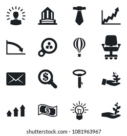 Set of vector isolated black icon - consumer search vector, arrow up graph, palm sproute, shining head, growth, crisis, office chair, money, idea, cash, mail, tie, building, air balloon