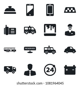 Set of vector isolated black icon - taxi vector, airport bus, 24 around, mobile phone, ambulance car, doctor, office, client, delivery, cell, scanner, moving, reserved, reception, battery