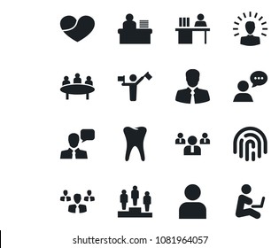 Set of vector isolated black icon - dispatcher vector, pedestal, team, meeting, tooth, client, speaker, heart, user, fingerprint id, manager desk, group, shining head, man with notebook