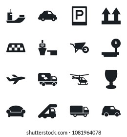 Set of vector isolated black icon - taxi vector, parking, waiting area, ladder car, helicopter, wheelbarrow, plane, sea shipping, delivery, port, fragile, up side sign, heavy scales, moving