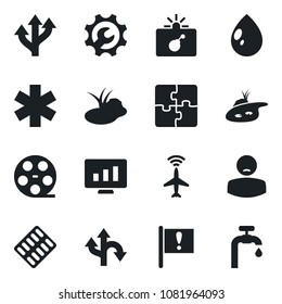 Set of vector isolated black icon - plane radar vector, bomb in case, statistic monitor, water drop, pond, pills blister, ambulance star, patient, route, important flag, reel, application, supply