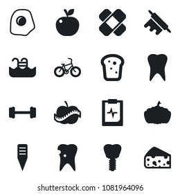 Set of vector isolated black icon - plant label vector, pumpkin, patch, barbell, bike, tooth, caries, implant, pulse clipboard, diet, pool, bread, rolling pin, omelette, apple fruit, cheese
