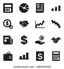 Set of vector isolated black icon - dollar sign vector, crisis graph, receipt, news, calculator, bar, pie, handshake, arrow up, wallet, growth, money search, investment