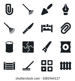 Set of vector isolated black icon - trowel vector, rake, saw, container, oil barrel, rack, application, paper clip, ink pen, knife, radiator