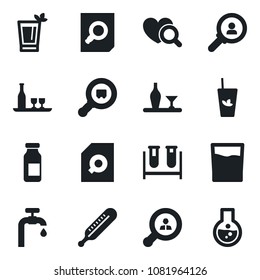 Set of vector isolated black icon - document search vector, blood test vial, thermometer, heart diagnostic, ampoule, cargo, water supply, client, alcohol, drink, phyto bar, consumer, flask