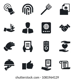 Set of vector isolated black icon - passport vector, document, farm fork, glove, heart hand, client, touch screen, finger up, fingerprint id, handshake, estate, waiter, remote control, palm sproute