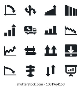 Set of vector isolated black icon - signpost vector, growth statistic, crisis graph, route, up side sign, sorting, data exchange, download, bar, moving, presentation