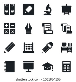 Set of vector isolated black icon - contract vector, book, calculator, graduate, desk, presentation board, microscope, notes, copybook, abacus, ink pen, pencil