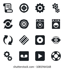 Set of vector isolated black icon - washer vector, gear, stamp, contract, pills blister, play button, rec, update, record, eye id, target, crisis management