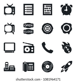 Set of vector isolated black icon - alarm clock vector, abacus, stamp, vinyl, flame disk, radio, tv, call, office phone, open close, rocket