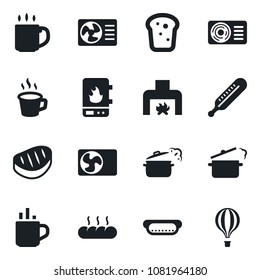 Set of vector isolated black icon - hot cup vector, thermometer, coffee, fireplace, air conditioner, bread, steak, dog, steaming pan, water heater, balloon
