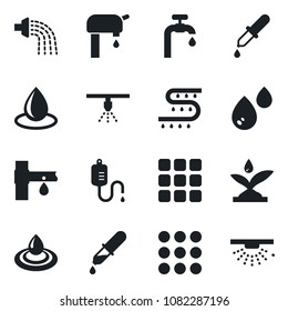 Set Of Vector Isolated Black Icon - Watering Vector, Water Drop, Drip Irrigation, Dropper, Menu, Supply, Sprinkler