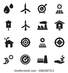 Set of vector isolated black icon - factory vector, bird house, target, sun panel, windmill, eco, water, palm sproute