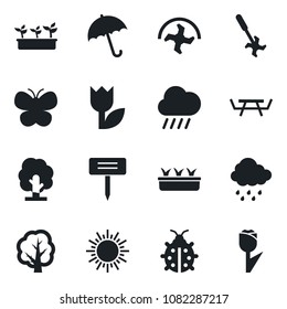 Set of vector isolated black icon - umbrella vector, sun, ripper, tree, butterfly, lady bug, seedling, rain, plant label, picnic table, tulip