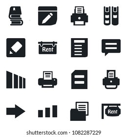 Set of vector isolated black icon - right arrow vector, document, printer, folder, sorting, message, notes, book, rent