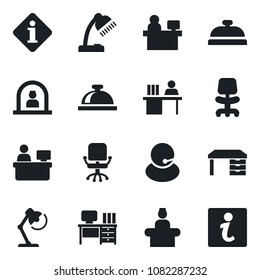 Set of vector isolated black icon - reception bell vector, office chair, desk, manager place, support, lamp, information