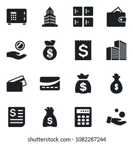 Set of vector isolated black icon - safe vector, checkroom, money bag, receipt, office building, credit card, combination lock, wallet, investment