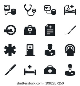 Set of vector isolated black icon - medical room vector, doctor case, diagnosis, stethoscope, blood pressure, scalpel, tomography, ambulance star, hospital bed