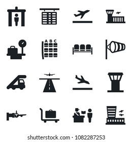 Set of vector isolated black icon - airport tower vector, runway, departure, arrival, baggage trolley, passport control, security gate, waiting area, ladder car, wind, boarding, seat map, building