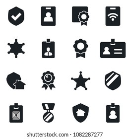 Set of vector isolated black icon - identity vector, card, medal, shield, sertificate, home protect, police, pass