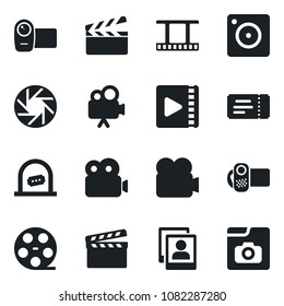 Set of vector isolated black icon - ticket vector, office, clapboard, film frame, reel, video camera, mobile, photo gallery