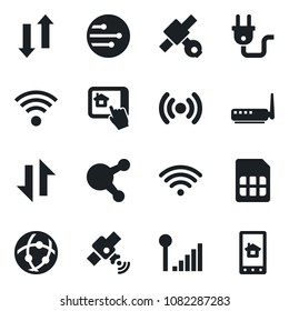 Set of vector isolated black icon - satellite vector, share, sim, network, data exchange, cellular signal, wireless, power plug, router, home control app