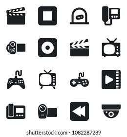 Set of vector isolated black icon - ticket office vector, clapboard, tv, gamepad, video camera, stop button, rewind, rec, intercome, surveillance