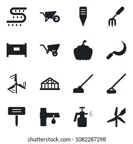 Set of vector isolated black icon - fence vector, garden fork, wheelbarrow, hoe, sickle, plant label, pumpkin, greenhouse, sprayer, drip irrigation, windmill