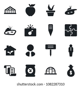Set of vector isolated black icon - bomb in case vector, manager, contract, seedling, plant label, greenhouse, fertilizer, application, pond, estate agent, apple fruit, eco house, money bag