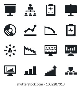 Set of vector isolated black icon - growth statistic vector, hierarchy, monitor, circle chart, pulse, clipboard, statistics, presentation board, bar graph, point, crisis