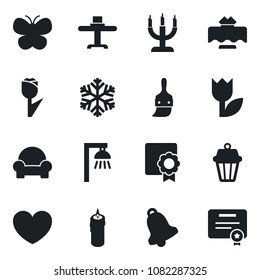 Set of vector isolated black icon - butterfly vector, heart, tulip, themes, bell, sertificate, cushioned furniture, restaurant table, candle, snowflake, outdoor lamp, certificate