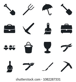 Set of vector isolated black icon - umbrella vector, baggage larry, job, farm fork, bucket, pruner, scalpel, fragile, themes, case, hard work