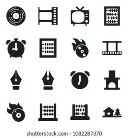 Set of vector isolated black icon - alarm clock vector, tv, abacus, fireplace, film frame, vinyl, flame disk, ink pen, house with tree