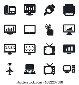 Set of vector isolated black icon - plane radar vector, notebook pc, statistic monitor, pulse, tv, touch screen, hdmi, statistics, intercome