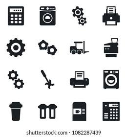 Set of vector isolated black icon - coffee machine vector, washer, fork loader, gear, ripper, printer, copier, water filter, combination lock