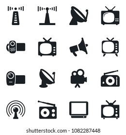 Set of vector isolated black icon - antenna vector, satellite, radio, loudspeaker, tv, video camera