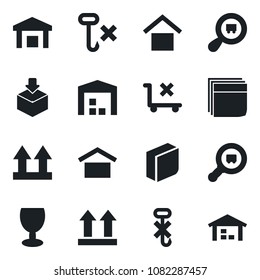 Set of vector isolated black icon - fragile vector, warehouse storage, up side sign, no trolley, hook, package, search cargo, blank box