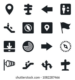 Set of vector isolated black icon - elevator vector, escalator, right arrow, left, wind, radar, route, signpost, pin, download, place tag, compass, flag, guidepost