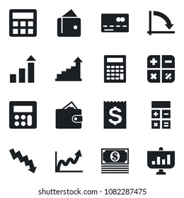 Set of vector isolated black icon - credit card vector, growth statistic, calculator, crisis graph, receipt, wallet, cash, presentation