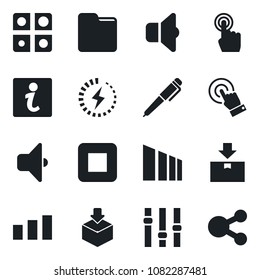 Set of vector isolated black icon - package vector, sorting, settings, touch screen, stop button, folder, charge, application, pen, sound, information, social media